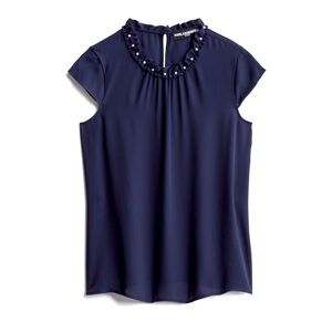 Navy Blue, Pearl Neckline, Blouse by Karl Lagerfeld
